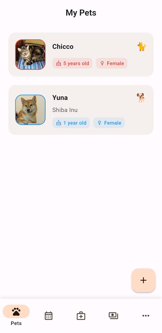 PetDiary app showing the pet list with two pets